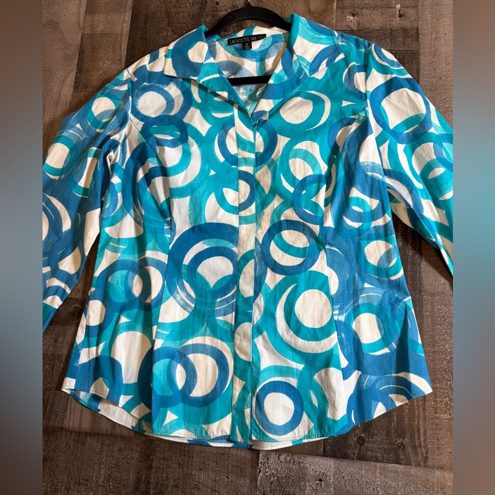 Lafayette 148‎ Silk Blend Blouse Size 14 Abstract Print Coastal Chic Career Luxe